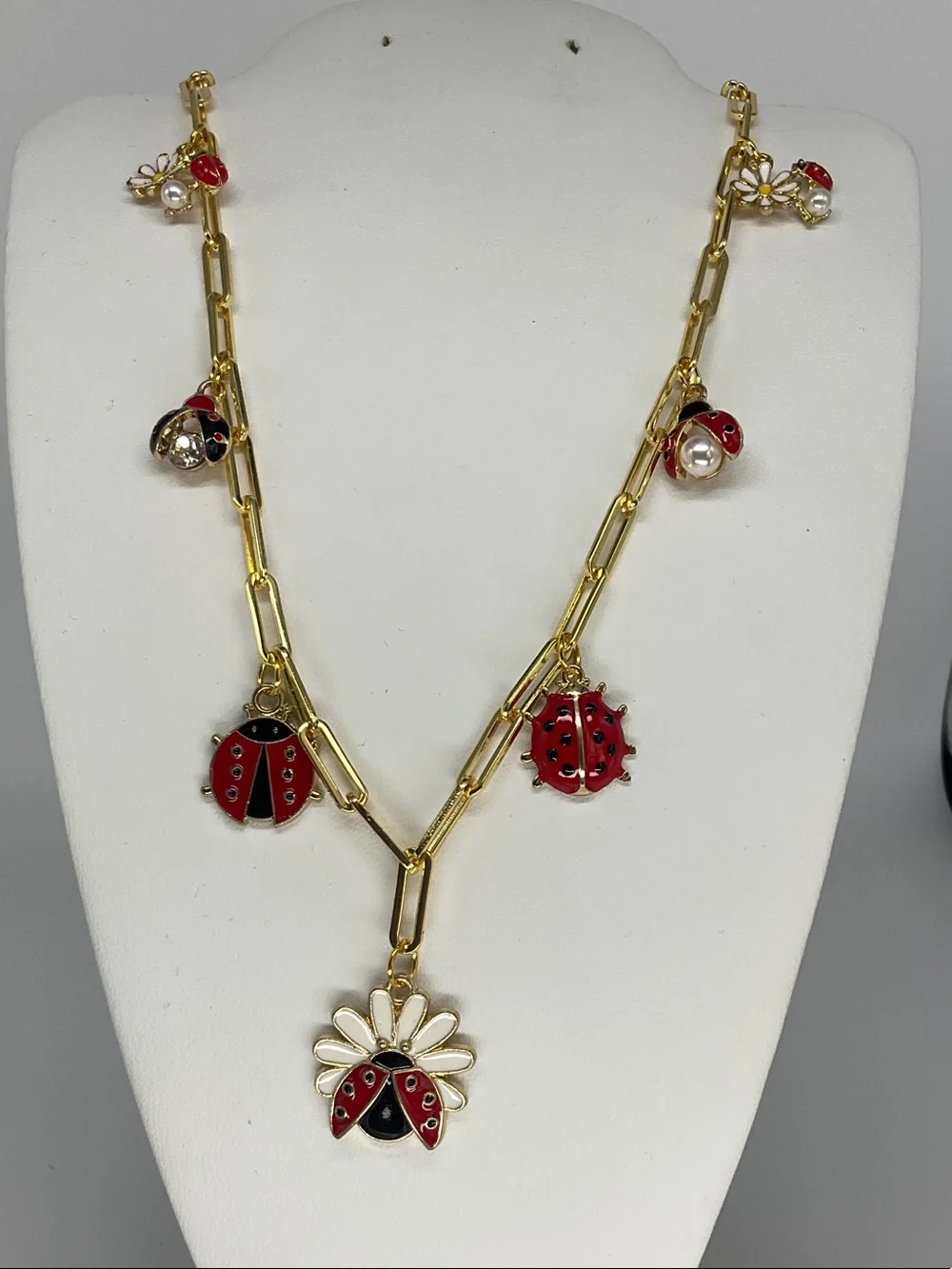 Gold-Tone Red Ladybug & Daisy Charm Necklace - Women Jewelry-18 Inch